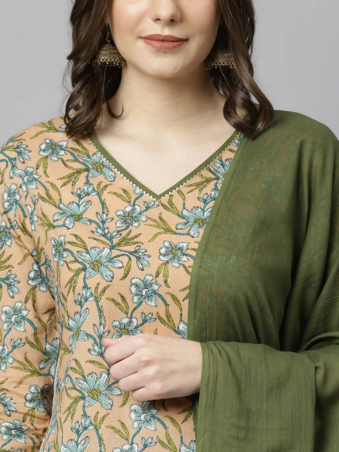 Peach Cotton Floral Print Kurta with Palazzo and Dupatta